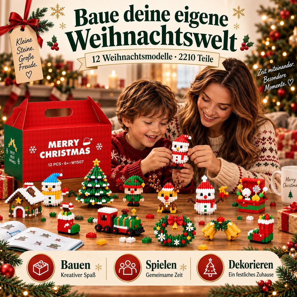 ⏳ Nur heute 49 % sparen – 🎄 12-Tage-Mini-Weihnachtsornament-Adventskalender | 12 einzigartige, festliche Bausets mit Aufhängeschlaufen – perfekt zum Schmücken von Weihnachtsbäumen, Kränzen und festlichen Dekorationen 🧱