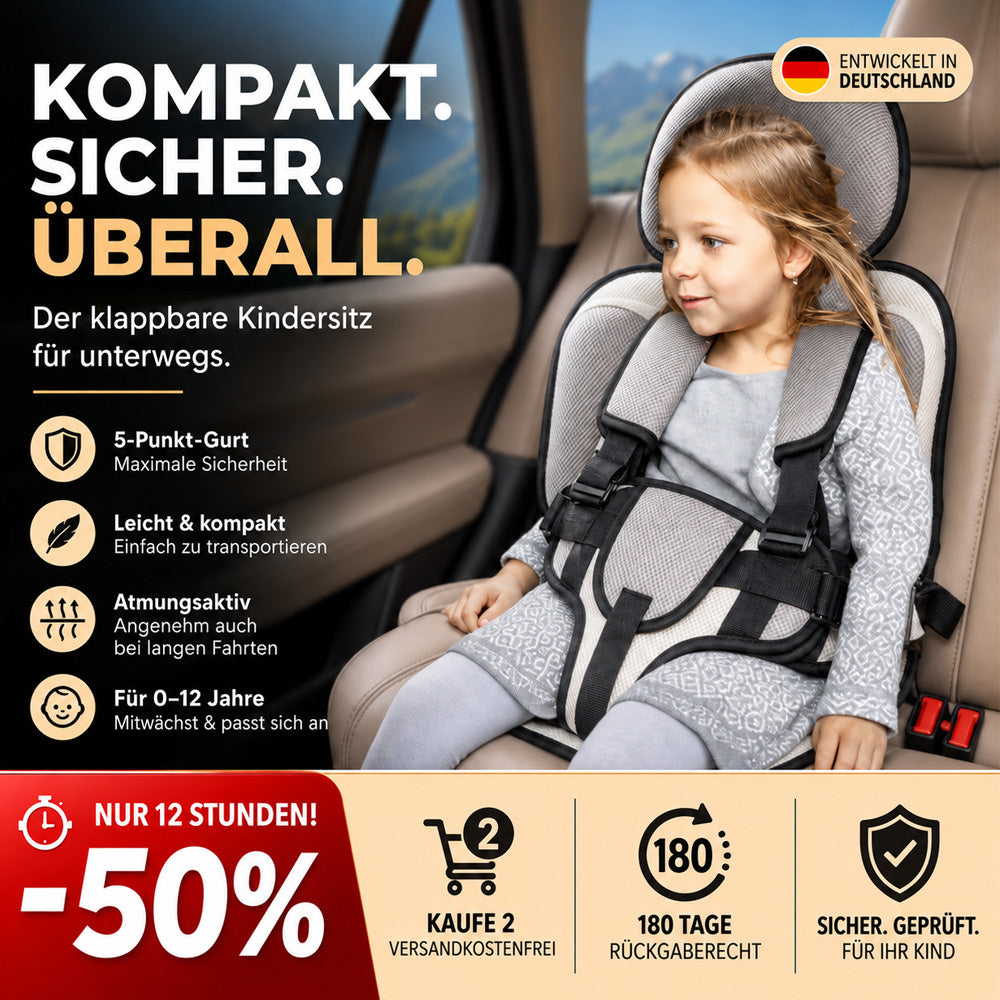 🔥 50 % Rabatt ! Zusammenklappbarer Kindersitz – Faltbar, sicher, überall dabei! 🧒 5-Punkt-Gurt, atmungsaktiv, für 0–12 Jahre ⚡ Limitiertes Angebot ⏳