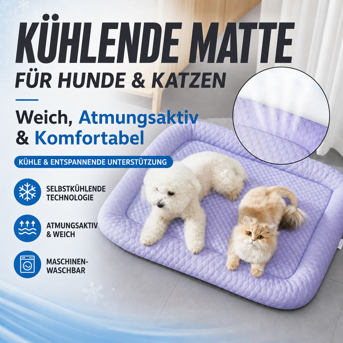 ❄️ Haustier-Kühlmatte für Hunde & Katzen 🐾 Natürlich kühles Ice-Silk-Pad • Atmungsaktiv • waschbar • weich