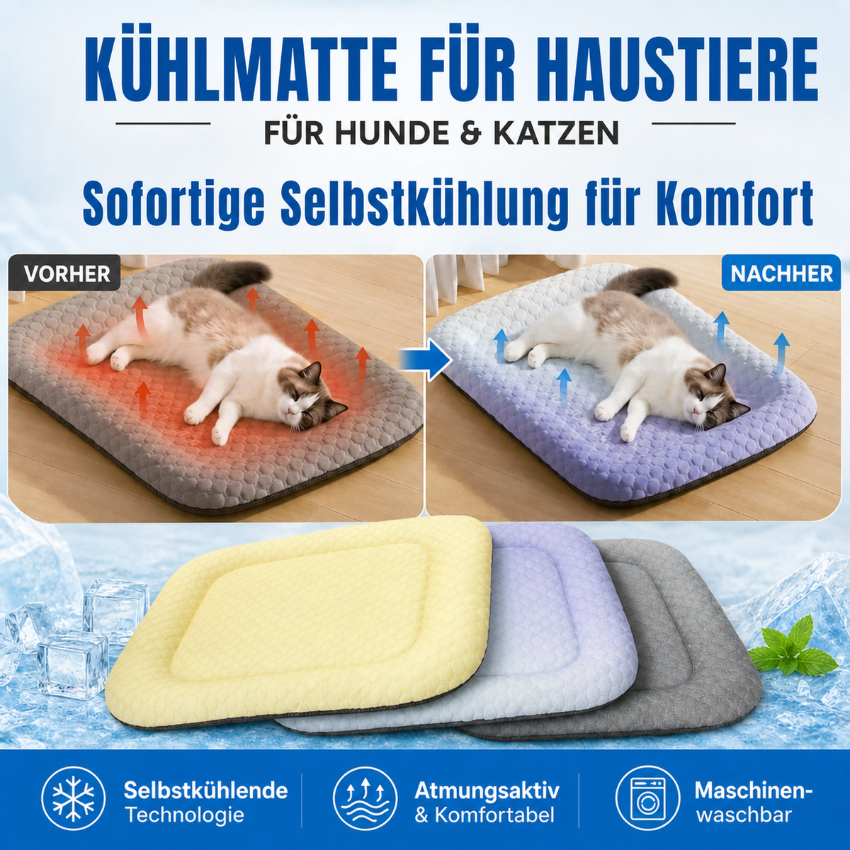 ❄️ Haustier-Kühlmatte für Hunde & Katzen 🐾 Natürlich kühles Ice-Silk-Pad • Atmungsaktiv • waschbar • weich