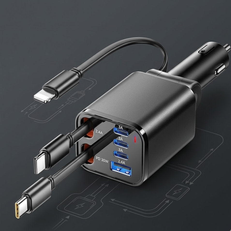 Snuffcup® 6-in-1 Retractable Car Charger - PD 30W Fast Charging Adapter with Built-in Cables for iPhone, Type-C & USB Devices