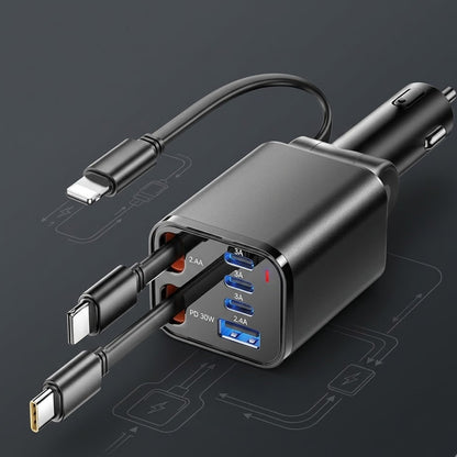 Snuffcup® 6-in-1 Retractable Car Charger - PD 30W Fast Charging Adapter with Built-in Cables for iPhone, Type-C & USB Devices