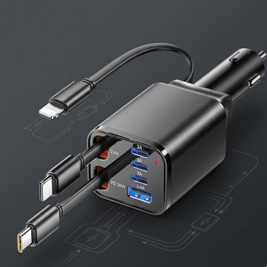 Snuffcup® 6-in-1 Retractable Car Charger - PD 30W Fast Charging Adapter with Built-in Cables for iPhone, Type-C & USB Devices