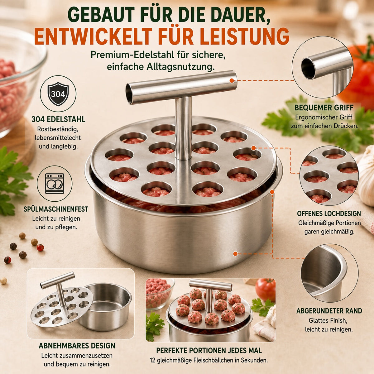 📢📢 50 % Rabatt !! ⏰🍡 Fleischbällchen‑Maker aus lebensmittelechtem Edelstahl für die Küche